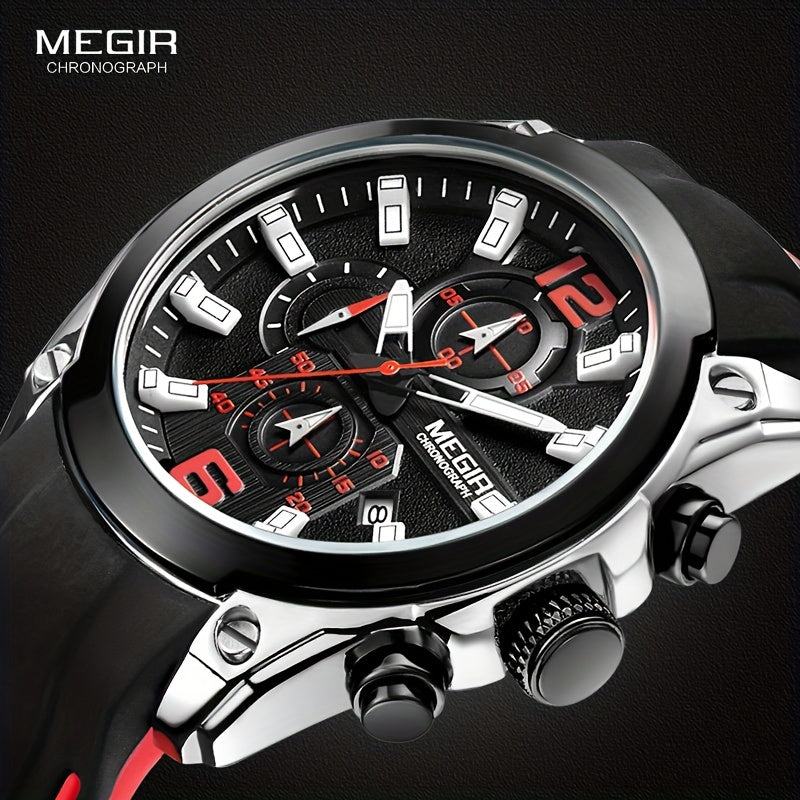 Megir Men's Chronograph Analog Quartz Watch - Date Function, Luminous Display, Soft Silicone Rubber Strap, Stylish Wristwatch Ideal for Gifts, Everyday Wear