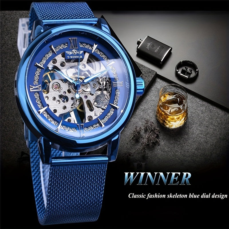 Stainless Steel Automatic Mens Watch - Fashionable Hollow Design, Mesh Strap, Water-resistant for Business & Casual Wear
