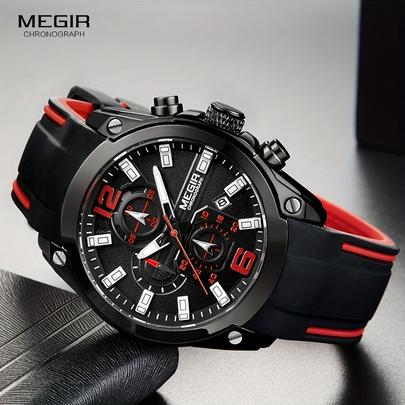 Megir Men's Chronograph Analog Quartz Watch - Date Function, Luminous Display, Soft Silicone Rubber Strap, Stylish Wristwatch Ideal for Gifts, Everyday Wear