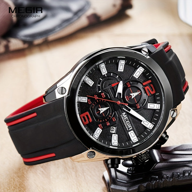 Megir Men's Chronograph Analog Quartz Watch - Date Function, Luminous Display, Soft Silicone Rubber Strap, Stylish Wristwatch Ideal for Gifts, Everyday Wear