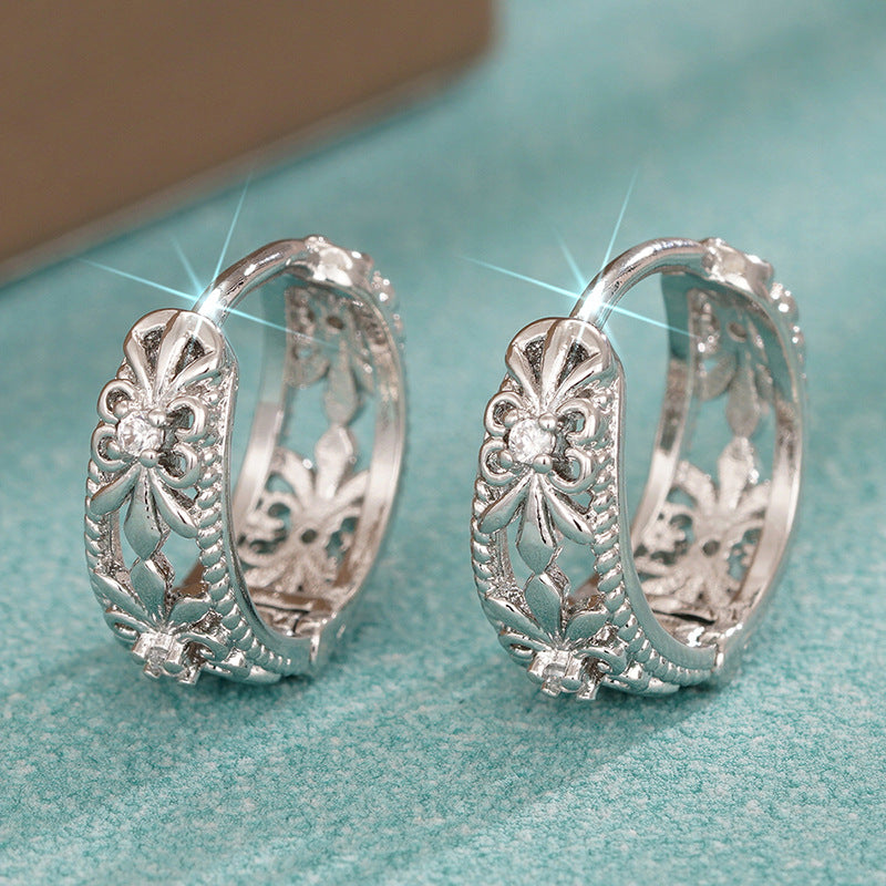 Womens Metal-Plated Heart-Shaped Hollow Floral Earrings