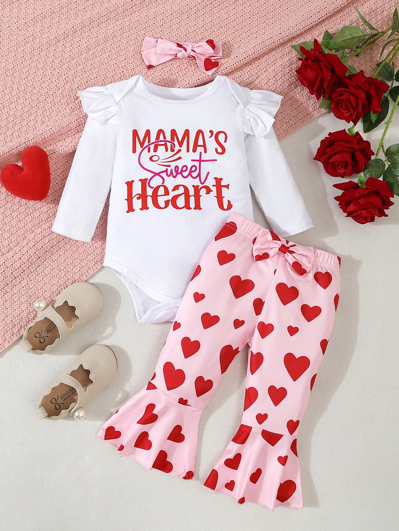 Newborn Baby Girl Clothing Set Letter Print Jumpsuit Heart Bell-bottoms  Headband 3pcs Toddler Baby Girl Clothes Valentine's Day