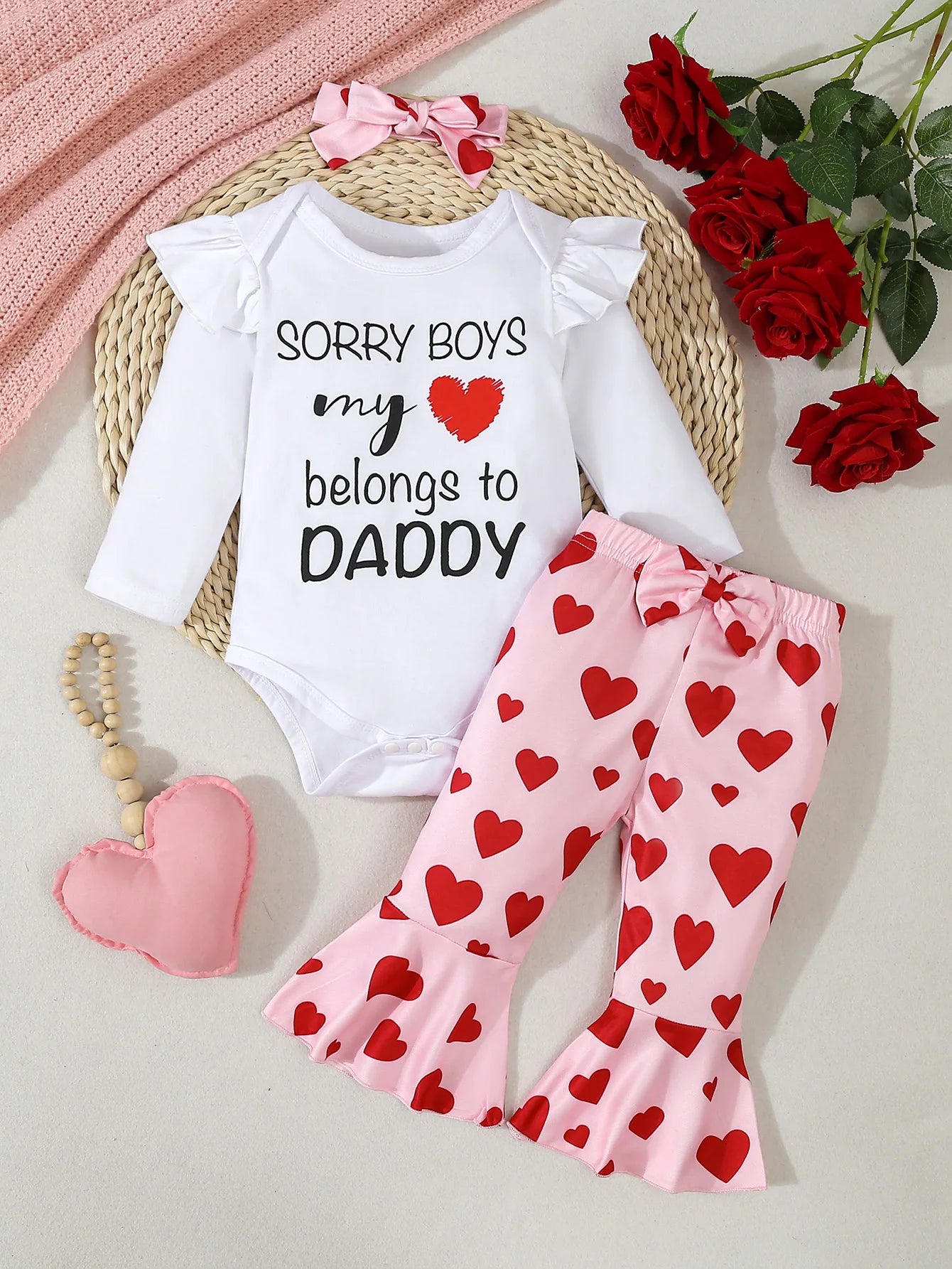 Newborn Baby Girl Clothing Set Letter Print Jumpsuit Heart Bell-bottoms  Headband 3pcs Toddler Baby Girl Clothes Valentine's Day