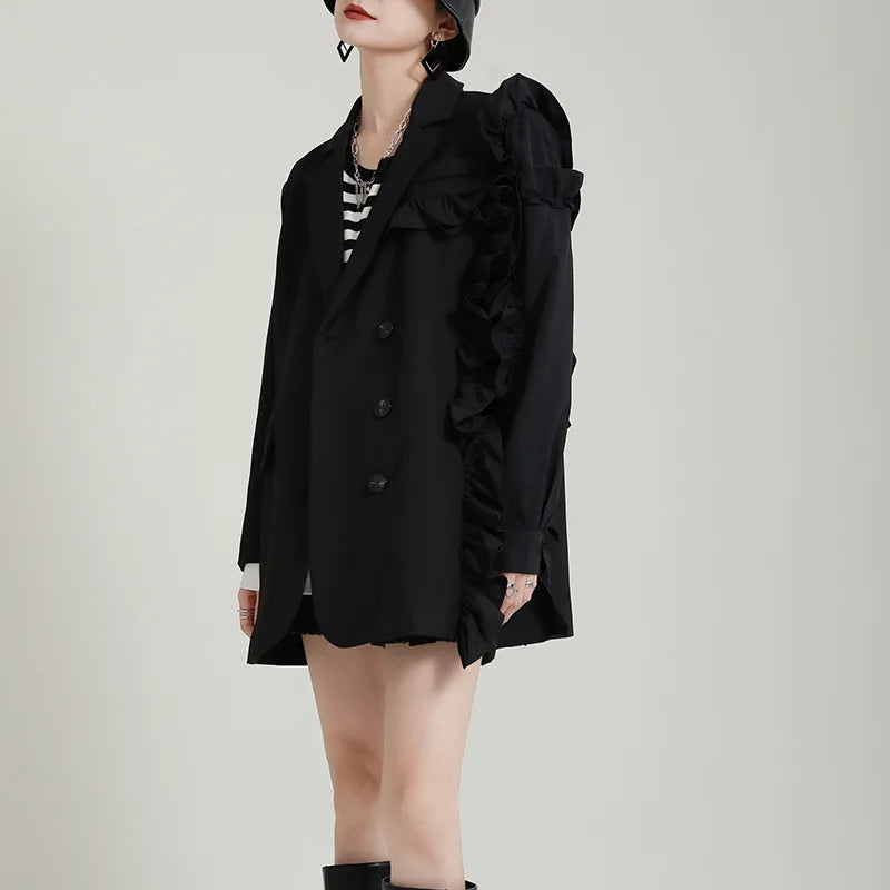 2420 Black Suit Jacket Female 2021 Autumn and Winter New Design Color Blocking Patchwork Casual Small Suit