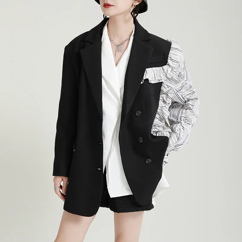 2420 Black Suit Jacket Female 2021 Autumn and Winter New Design Color Blocking Patchwork Casual Small Suit