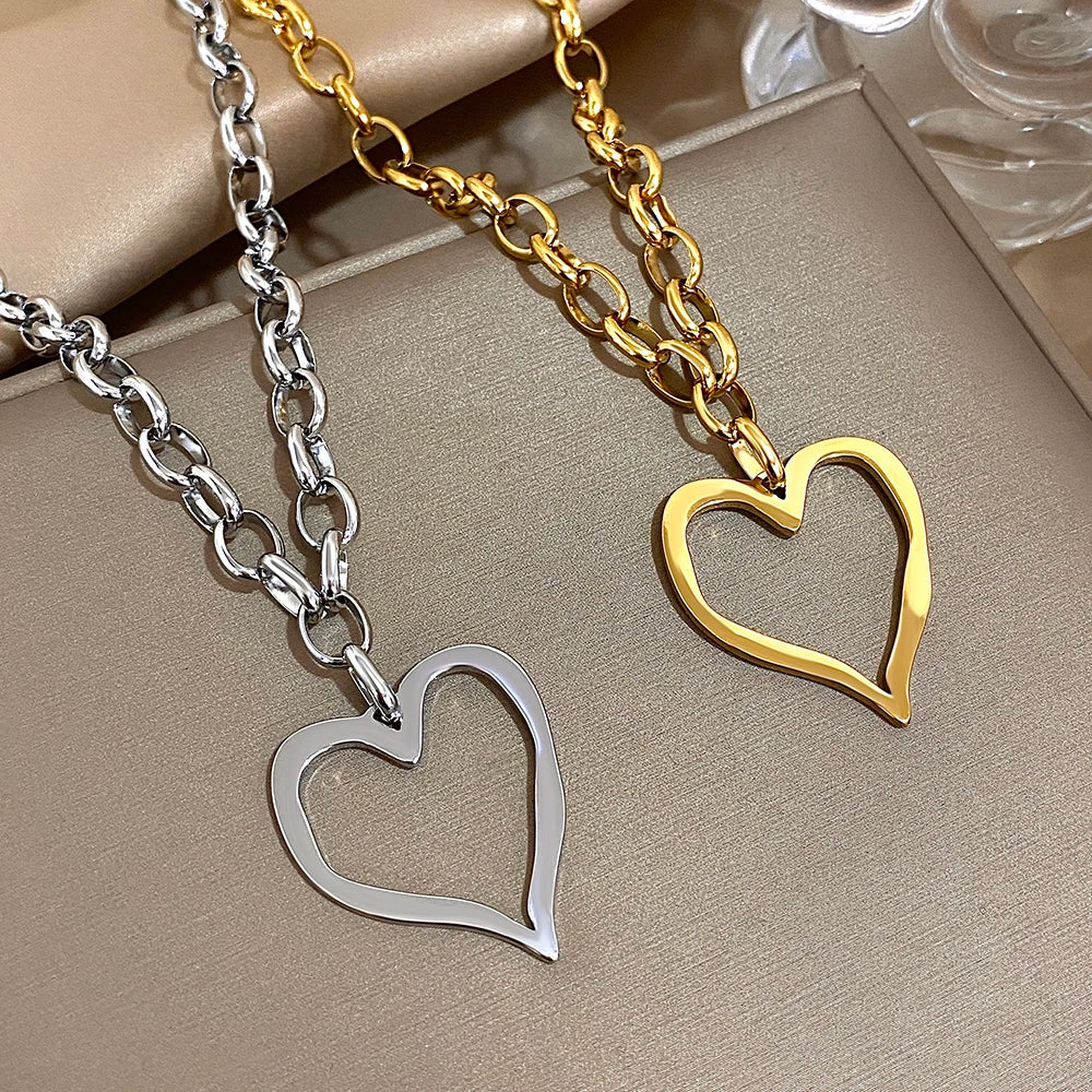 316L Stainless Steel Gold Silver Color Necklace for Women Glossy Punk Big Hollow Heart Pendant Necklaces Valentine's Day Gifts
