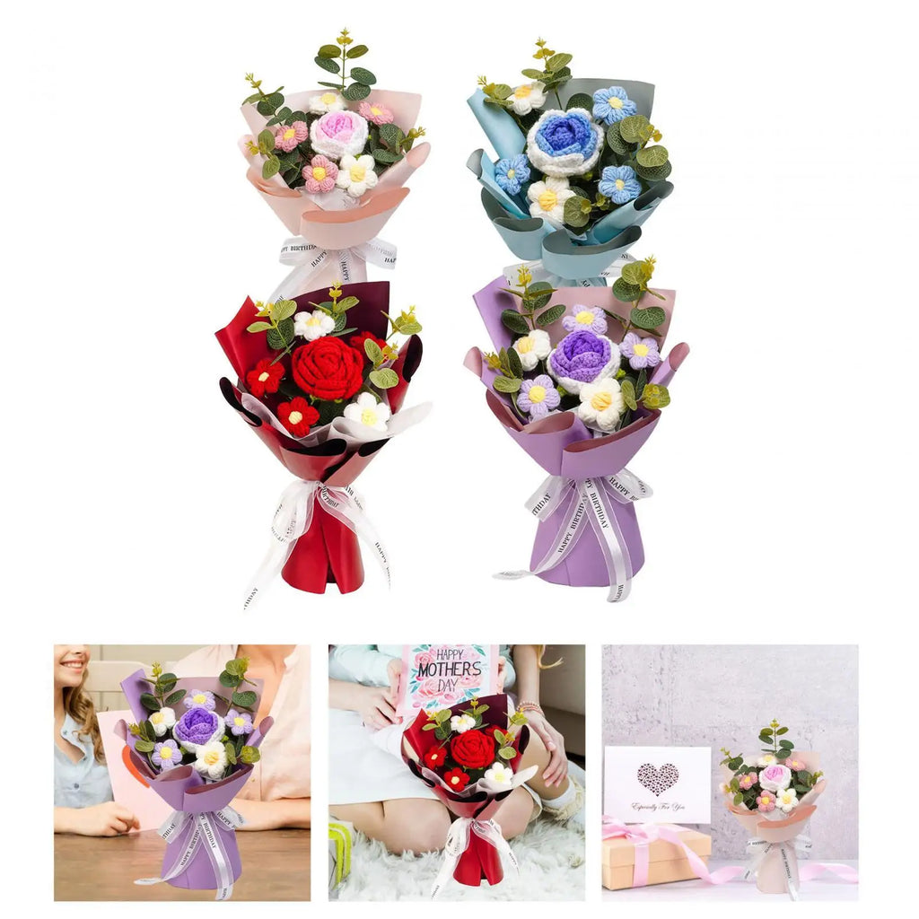Knitted Flower Finished Home Decoration Crochet Flower Bouquet for Teacher’ Day Birthday Anniversary Thanksgiving Day Women