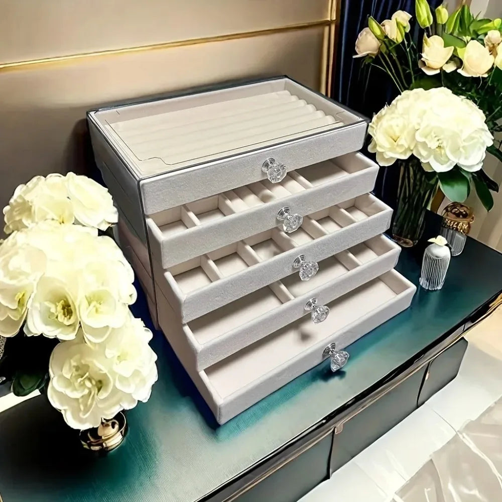 New upgrades 5 Layers of Velvet Jewellery Organiser Drawer Velvet Jewelry Box Earrings Bracelet Organizer Jewelry Display Box