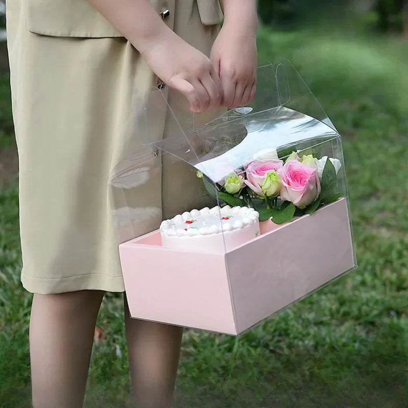 Valentine's Day Flower Cake Gift Box Pink PVC Transparent Hand-held Integrated Cake Box Baking Packaging Gift Fruit Flower Boxes