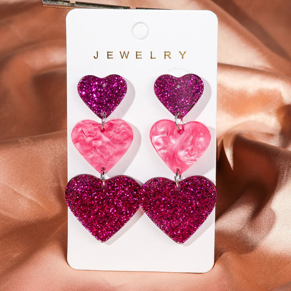 New Glitter Love Heart Acrylic Splicing Earrings Women Sweet Statement Peach Drop Earring Romantic Jewelry Valentine's Day Gifts