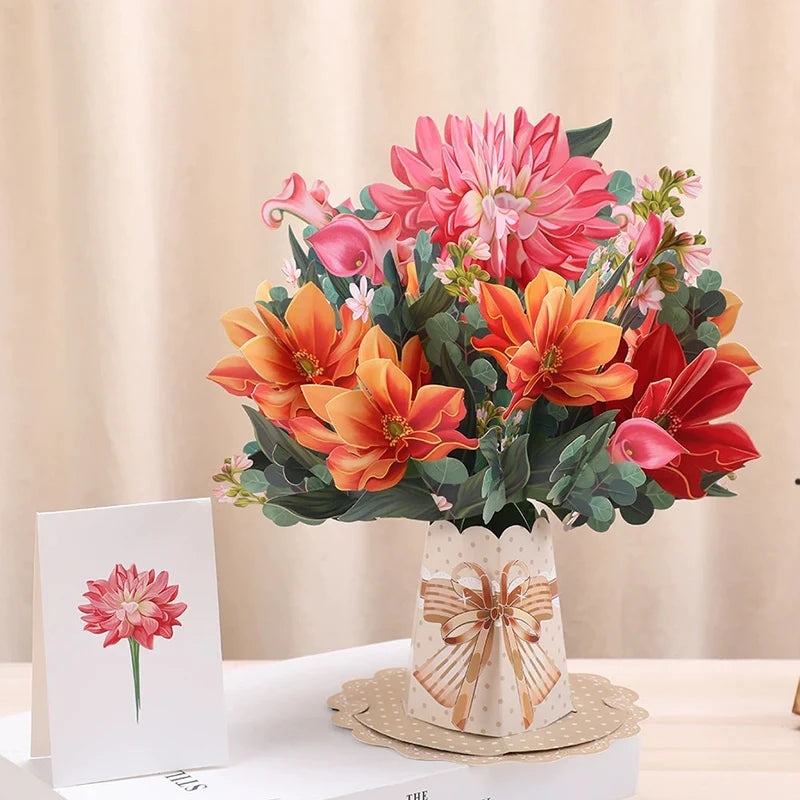 Premium 3D Pop Up Flower Bouquet Card Mothers Day Gift Valentines Day Anniversary Birthday Greeting Cards Thank You Wishes Gifts
