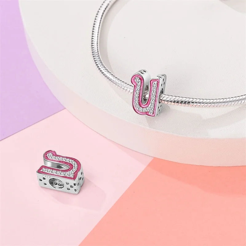 Hot Sale 925 Sterling Silver Pink 26 Letters Valentine's Day Gift Beads Suitable For Pan 925 Original Bracelet Diy Birthday