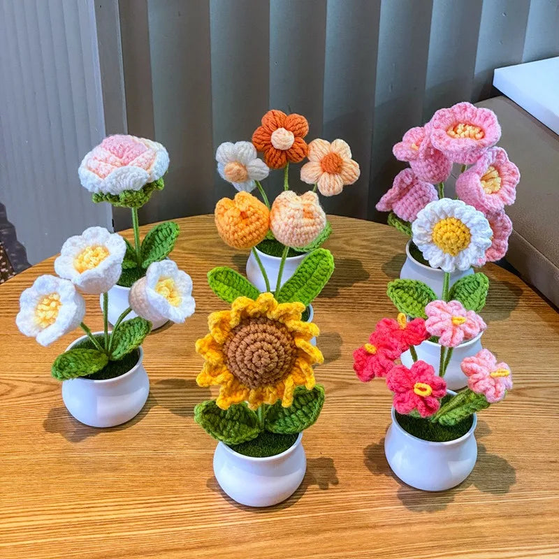 1/2/4Pcs DIY Handwoven Mini Potted Flower Rose Office Desktop Ornamental Potted Plants Woolen Thread Finished Product Home Decor