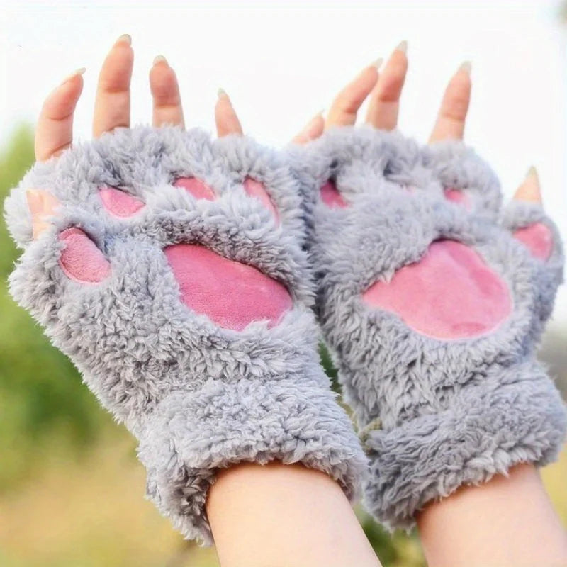 Women Winter Fashion Plush Gloves, Cat Paw Design Half-finger Warm Gloves, Suitable for Office Use Cycling Outdoor Activities