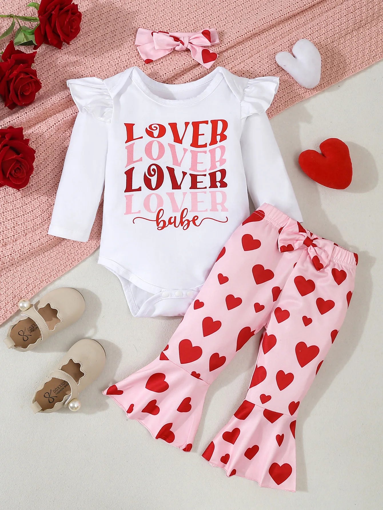 Newborn Baby Girl Clothing Set Letter Print Jumpsuit Heart Bell-bottoms  Headband 3pcs Toddler Baby Girl Clothes Valentine's Day