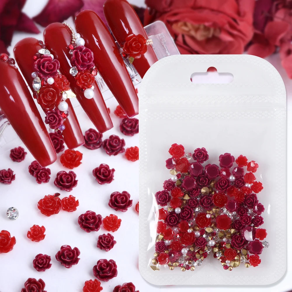 Red Camellia Flower Resin Filling Accessories Shiny Diamond With Pearl Beads Metal Leaf Valentine's Day Gifts DIY Jewelry Making