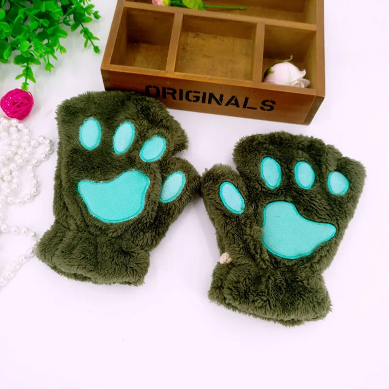 Rimiut Cartoon Cat Claw Gloves for Women Girls Thickened Plush Lovely Style Bear Paw Exposed Fingers Half Finger Winter Gloves