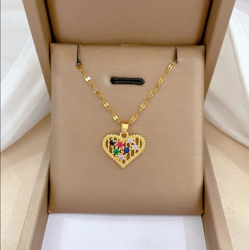 Trendy Heart Butterfly Stainless Steel Pendant Necklaces For Women Girls Mother Gold Color Metal Crystal Jewelry Party Birthday