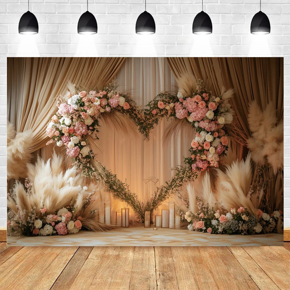 Valentine's Day Photography Backdrop Flowers Love Heart Boho Pampas Curtain Couple Portrait Wedding Photo Background Photostudio