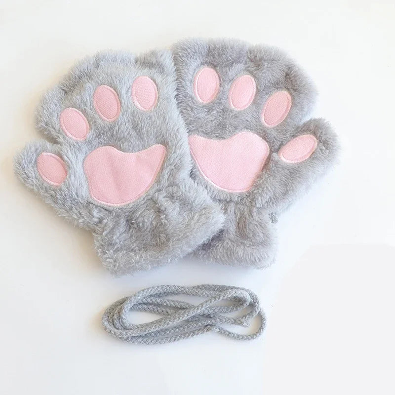 Women Winter Fashion Plush Gloves, Cat Paw Design Half-finger Warm Gloves, Suitable for Office Use Cycling Outdoor Activities