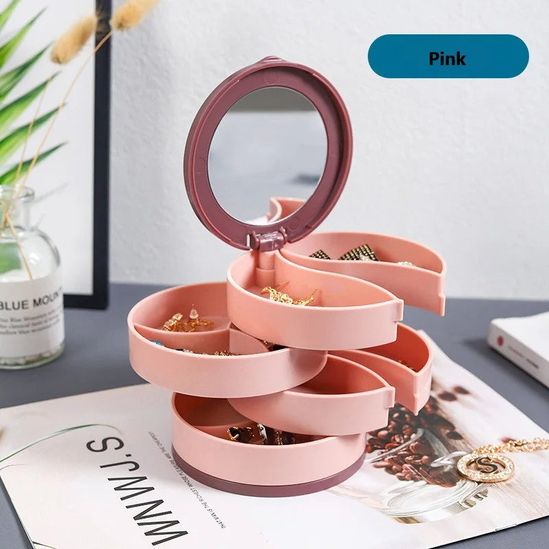 4 Layers Rotating Jewellery Storage Box Women Necklace Desk Organizer Earring Holder Travel with Lid for Ring Bracelet  Storage