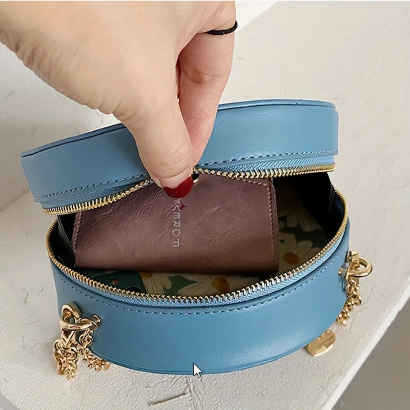 Mini Embroidered Round Bag, Chain Heart Decor Crossbody Bag, Star Moon Pattern Circle Purse Valentine's Day gift