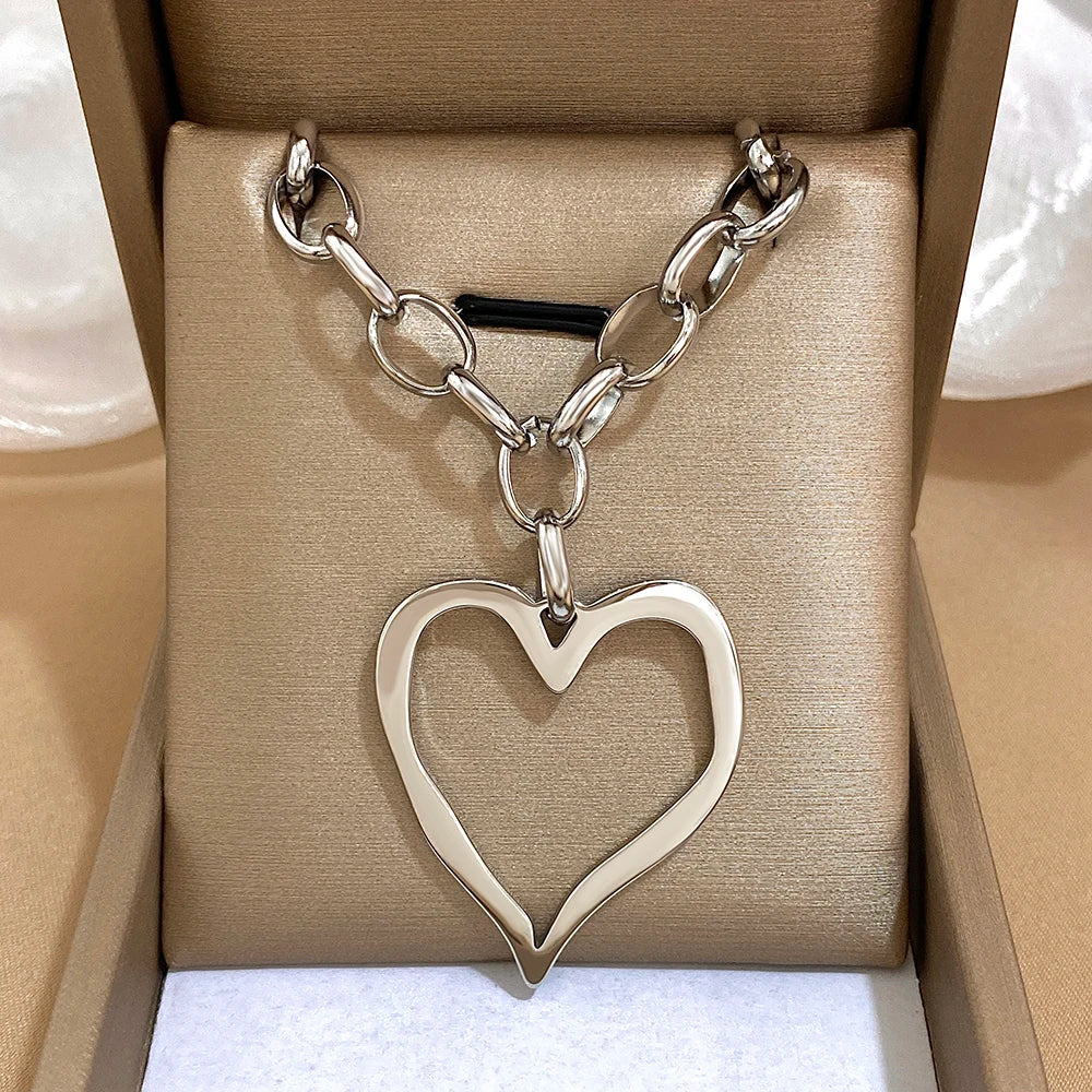 316L Stainless Steel Gold Silver Color Necklace for Women Glossy Punk Big Hollow Heart Pendant Necklaces Valentine's Day Gifts