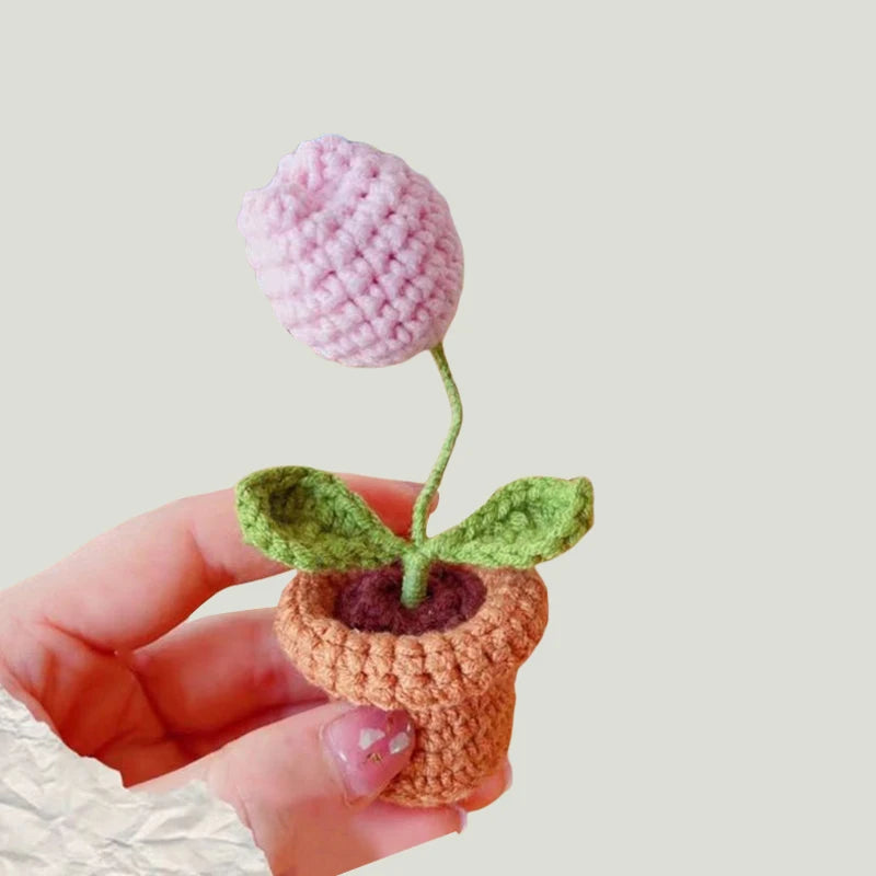 1/2/4Pcs DIY Handwoven Mini Potted Flower Rose Office Desktop Ornamental Potted Plants Woolen Thread Finished Product Home Decor