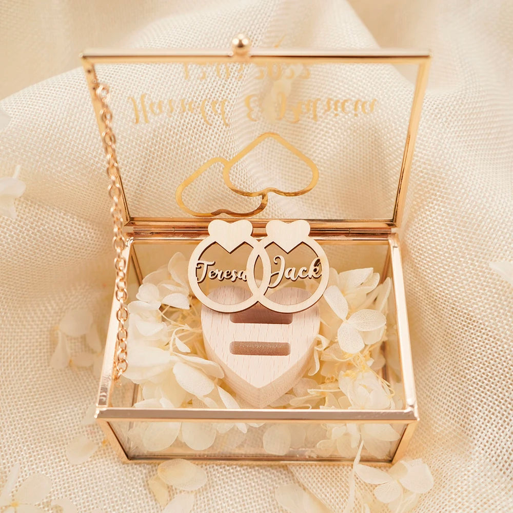 Personalized Rectangle Glass Jewelry Box, Wedding Ring Box, Double Slot, Valentine's Day, Proposal, Engagement, Gift