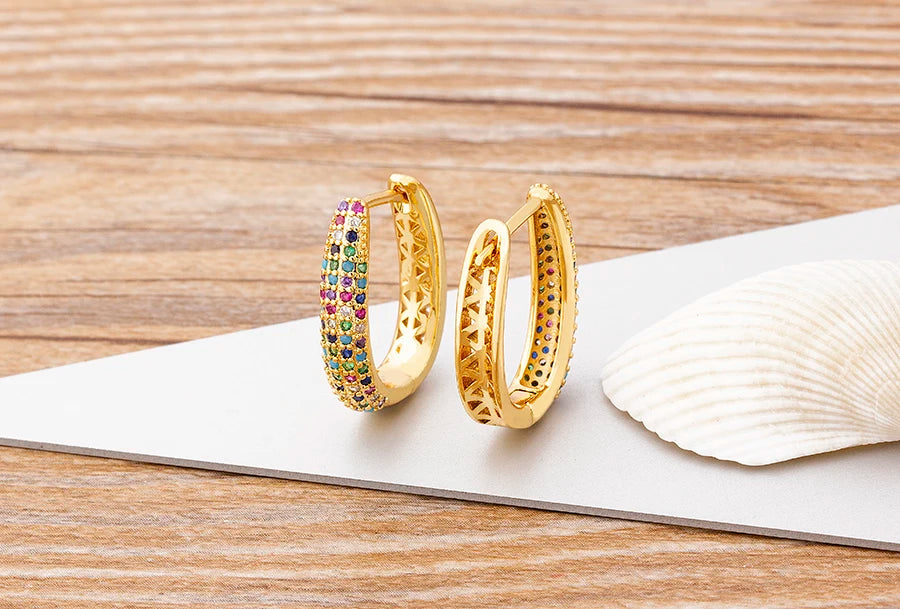 Nidin Creative U Shape Design 3 Colors Fashion Cubic Zirconia Hoop Earrings Crystal Ear Buckle Jewelry for Valentine's Day Gift