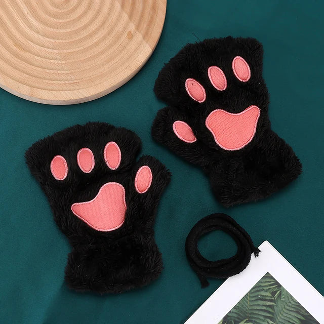 Rimiut Cartoon Cat Claw Gloves for Women Girls Thickened Plush Lovely Style Bear Paw Exposed Fingers Half Finger Winter Gloves