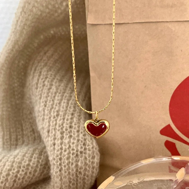 2024 Mothers Day Red Heart Pendant Stainless Steel Gold Color Chain Necklace for Women Non Fading Jewelry Sweet Accessories Gift