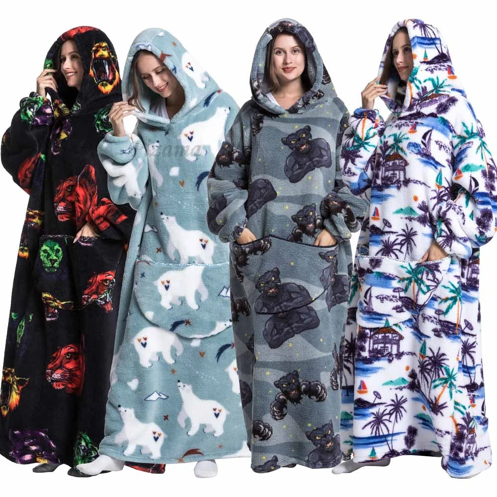 Oversize Winter Sherpa Blanket Plush Polar Fleece Family Matching Hoodie Girl Sweatshirt Homewear Avocado Animal Print Outwear