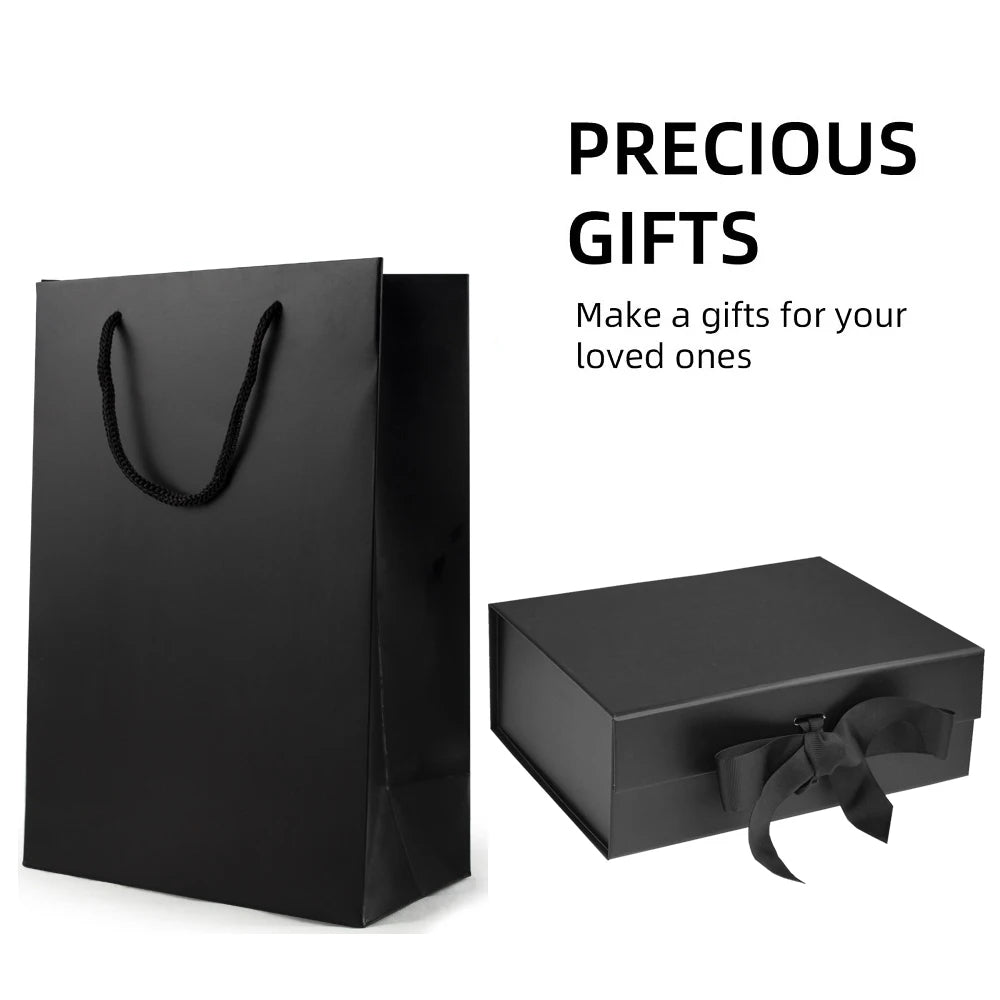3pcs Black Magnetic Gift Box with Lid Ribbons Paper Bags Shredded Paper Filler for Valentine's Day Presents Packaging Box