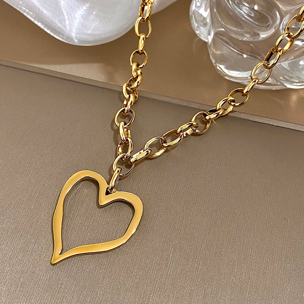 316L Stainless Steel Gold Silver Color Necklace for Women Glossy Punk Big Hollow Heart Pendant Necklaces Valentine's Day Gifts