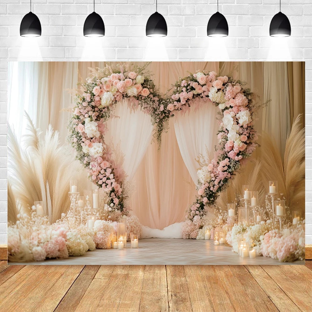 Valentine's Day Photography Backdrop Flowers Love Heart Boho Pampas Curtain Couple Portrait Wedding Photo Background Photostudio