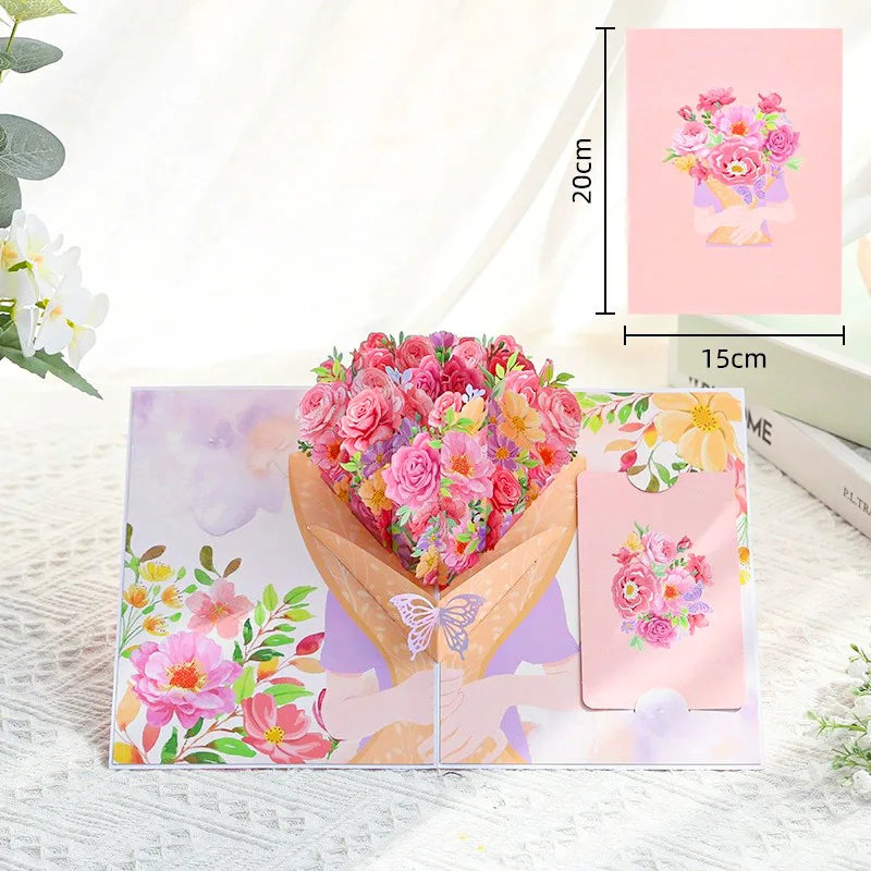Premium 3D Pop Up Flower Bouquet Card Mothers Day Gift Valentines Day Anniversary Birthday Greeting Cards Thank You Wishes Gifts
