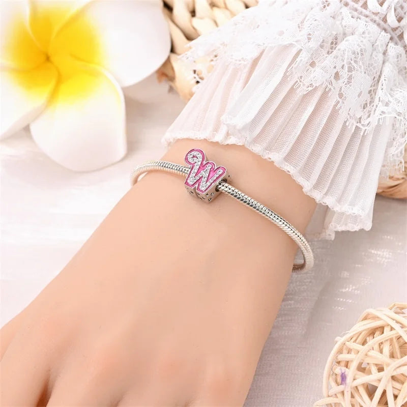 Hot Sale 925 Sterling Silver Pink 26 Letters Valentine's Day Gift Beads Suitable For Pan 925 Original Bracelet Diy Birthday