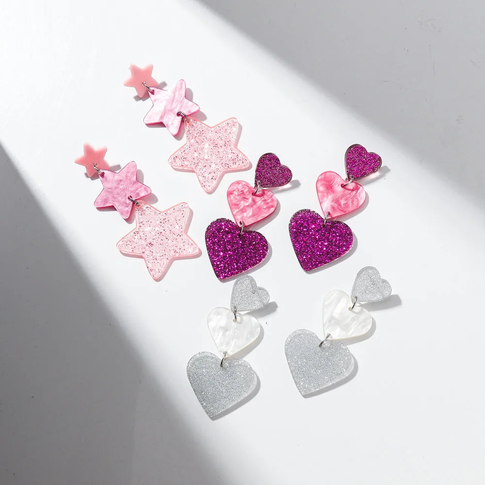 New Glitter Love Heart Acrylic Splicing Earrings Women Sweet Statement Peach Drop Earring Romantic Jewelry Valentine's Day Gifts