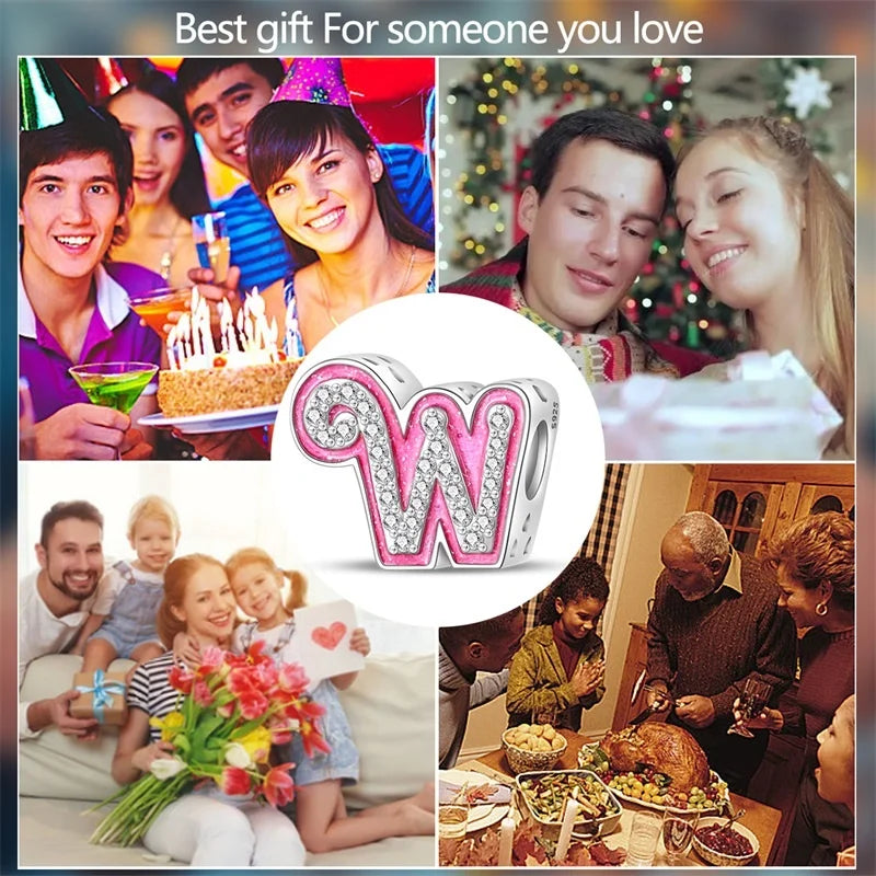 Hot Sale 925 Sterling Silver Pink 26 Letters Valentine's Day Gift Beads Suitable For Pan 925 Original Bracelet Diy Birthday