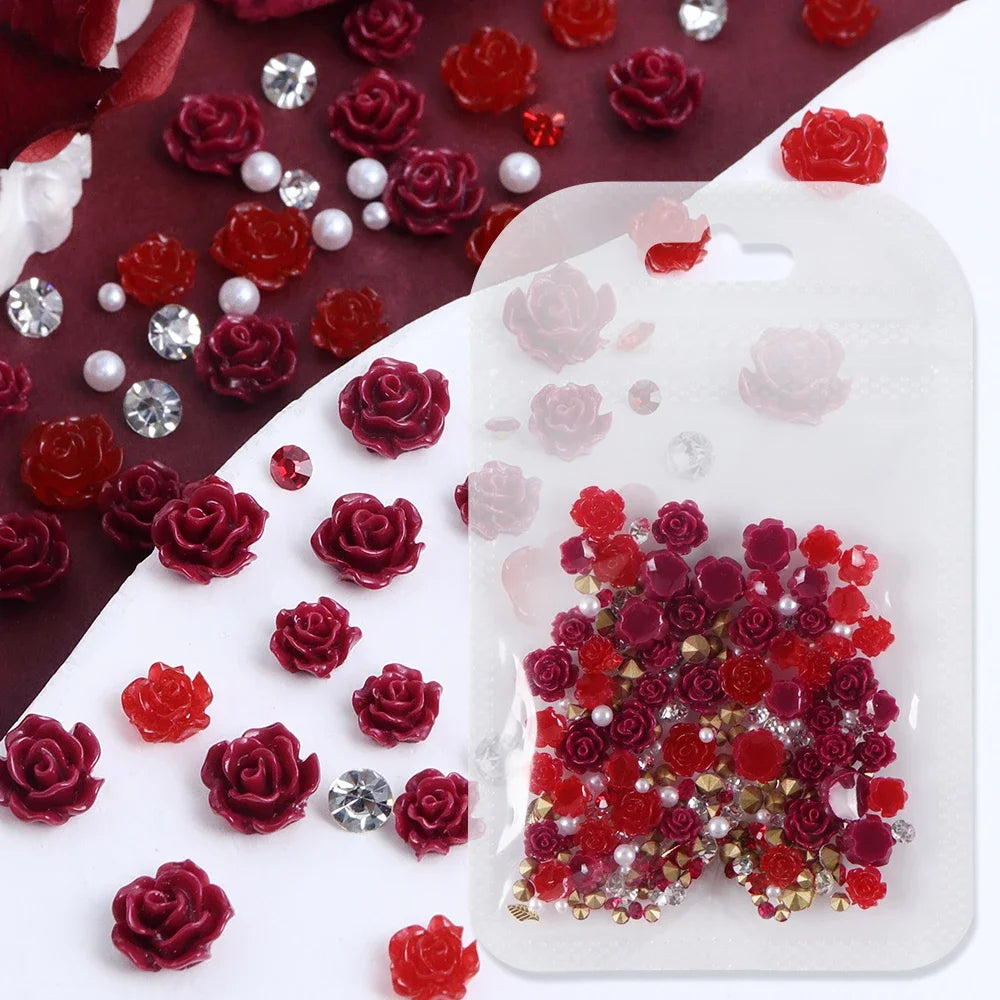 Red Camellia Flower Resin Filling Accessories Shiny Diamond With Pearl Beads Metal Leaf Valentine's Day Gifts DIY Jewelry Making