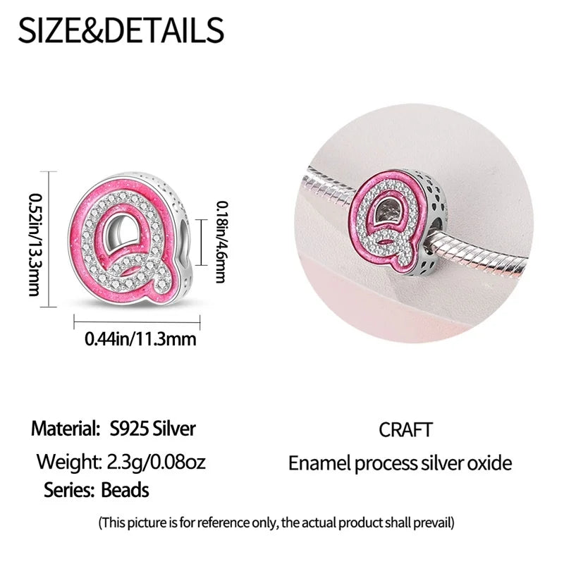 Hot Sale 925 Sterling Silver Pink 26 Letters Valentine's Day Gift Beads Suitable For Pan 925 Original Bracelet Diy Birthday