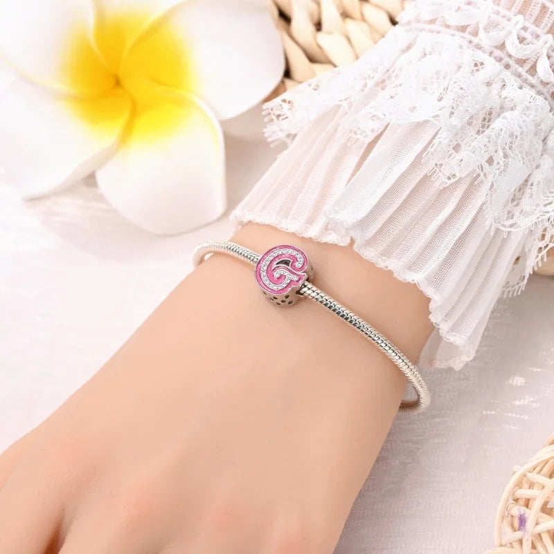 Hot Sale 925 Sterling Silver Pink 26 Letters Valentine's Day Gift Beads Suitable For Pan 925 Original Bracelet Diy Birthday