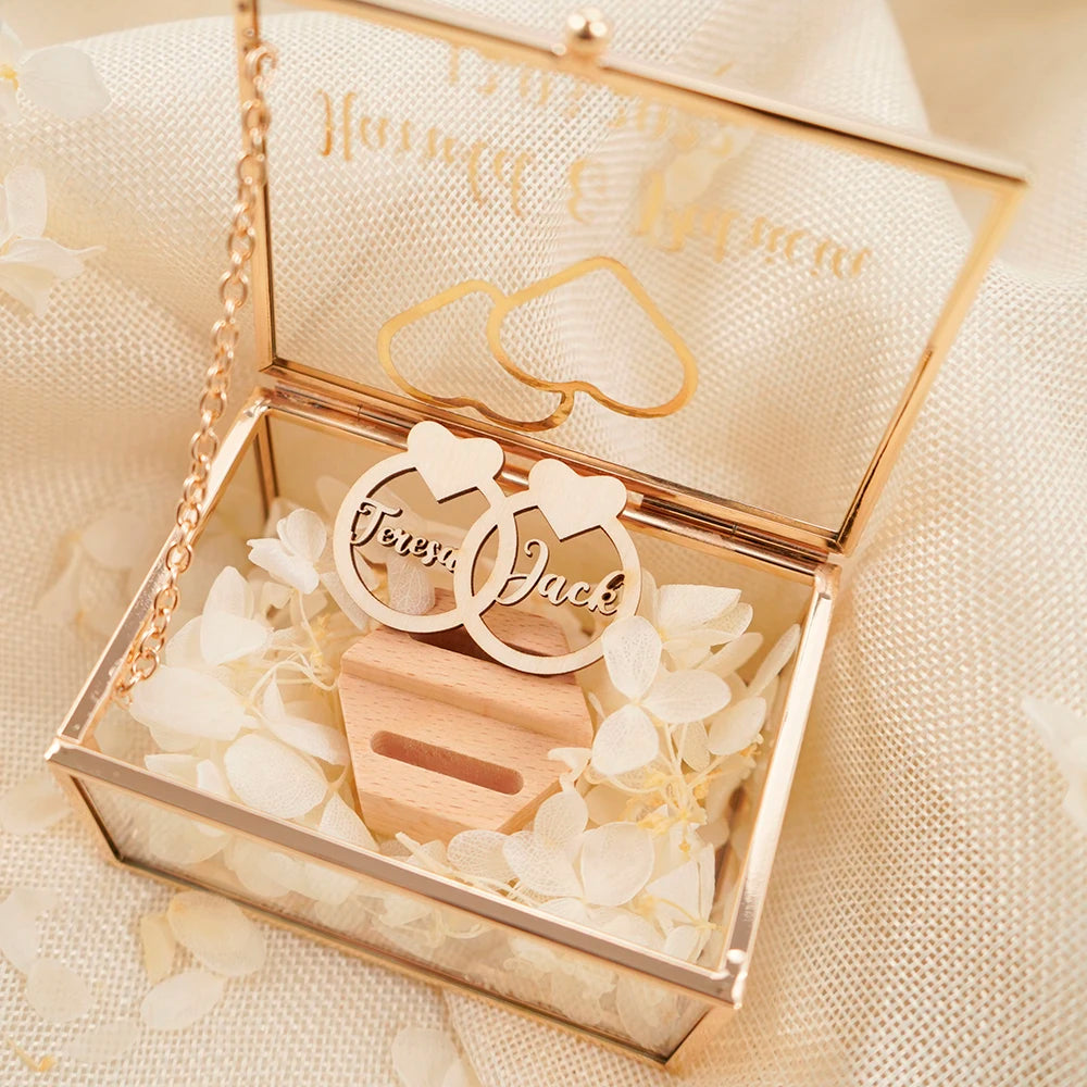 Personalized Rectangle Glass Jewelry Box, Wedding Ring Box, Double Slot, Valentine's Day, Proposal, Engagement, Gift