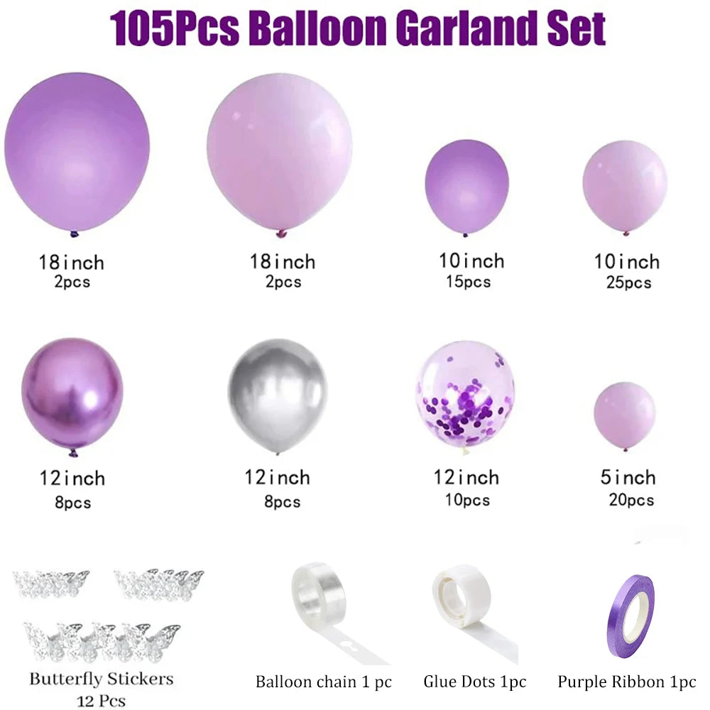 105PCS Purple Latex Balloon Set Suitable for Birthday Parties, Weddings, Valentine's Day Party Decoration