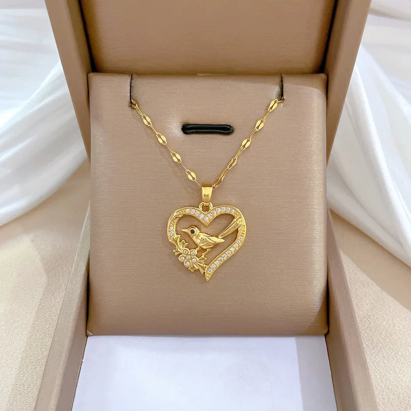 Trendy Heart Butterfly Stainless Steel Pendant Necklaces For Women Girls Mother Gold Color Metal Crystal Jewelry Party Birthday