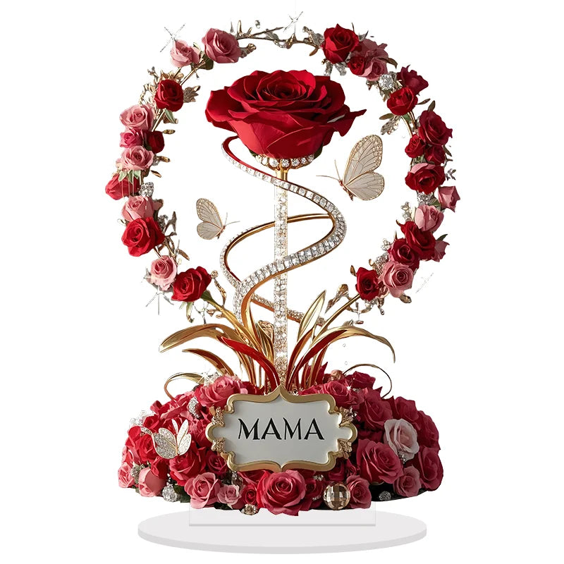 2D Acrylic Ornament Red Rose MOM Pattern Roses Mother Flat Elegant Desk Decora Filial Child to Mother Gifts