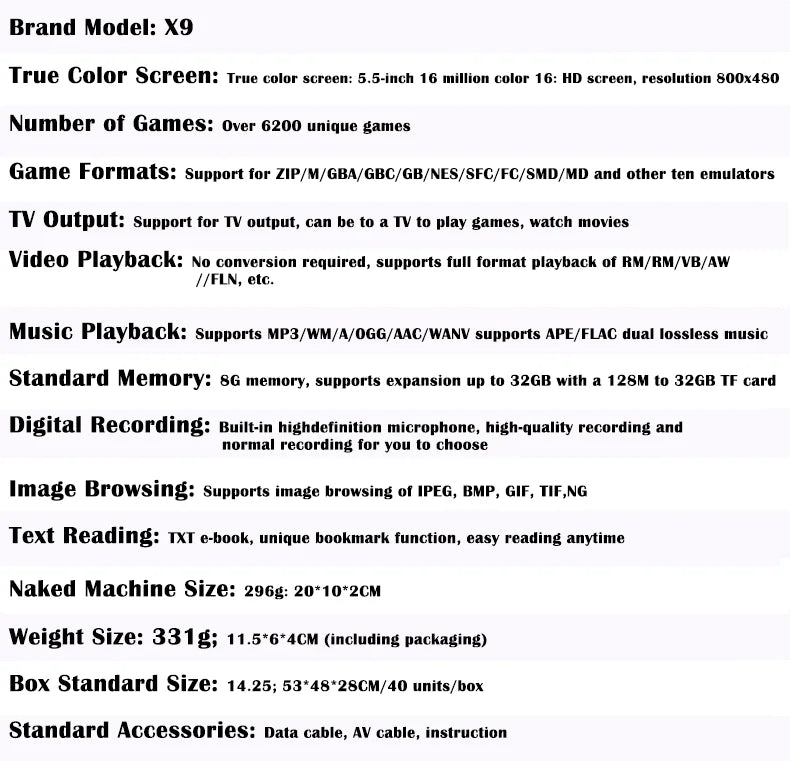 X9 portable game console, 5.5-inch HD screen, multiple languages, retro GBA Arcade video, 8 simulators with 360° non-slip joysti