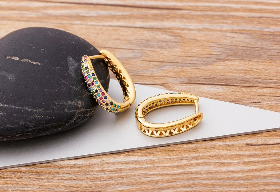 Nidin Creative U Shape Design 3 Colors Fashion Cubic Zirconia Hoop Earrings Crystal Ear Buckle Jewelry for Valentine's Day Gift