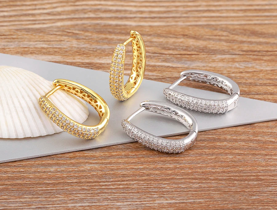 Nidin Creative U Shape Design 3 Colors Fashion Cubic Zirconia Hoop Earrings Crystal Ear Buckle Jewelry for Valentine's Day Gift